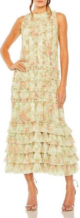 Mac Duggal Floral Tiered Ruffle Sleeveless Midi Dress in Sage Multi at Nordstrom, Size X-Large