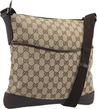 Gucci Zip Messenger Gg Canvas With Perforated Leather Beige Canvas Handbag (Pre-Owned)