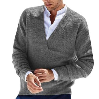 Generic Knitted Jumper Mens Oversize V Neck Winter Jumper Warm Black Knitted Sweater Men Baggy Knitted Jumper Winter Long Sleeve Plain Casual Knitted Top, gra