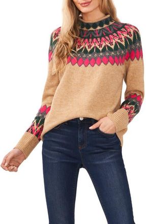 CeCe by Cynthia Steffe Fair Isle Funnel Neck Sweater in Latte Heather at Nordstrom, Size Xx-Large