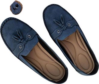 Generic Orthopedic Leather Shoes Lightweight Anti-Slip Breathable for Women, Ladies Moccasins Slip-On Comfy Suede Leather Penny Loafer (6.5,Blue)