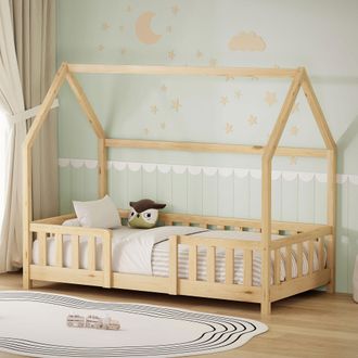 ML Design Ml-design Cama Infantil 80x160 Cm En Forma De Casa, Madera Maciza De Pino Natural Con Protecci&oacute;n Antica&iacute;da, Techo Y Somier De L&aacute;minas, Cuna De Suelo P