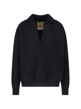 Uma Wang Black V-Neck Collared Wool-Blend Sweater