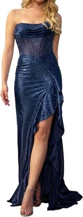 Sherri Hill Ruffle Skirt Hot Fix Dress In Navy
