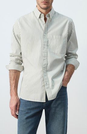 Mango Regular Fit Stripe Button-Up Shirt in Pastel Green at Nordstrom, Size X-Large