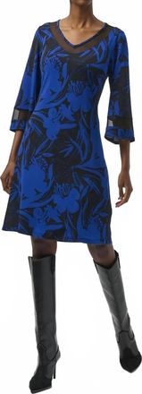 Joseph Ribkoff Floral Print V-Neck 3/4 Sleeve A-Line Dress In Black/royal Sapphire