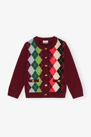 Ganni Red Burgundy Check Cardigan - Size XXS Merino Wool