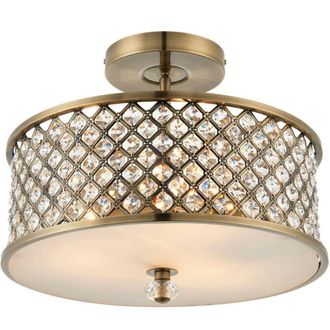 Loops Flush Ceiling Mounted Light Antique Brass & Crystal Lamp Bulb Holder Round Shade in Metallics