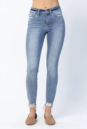 Judy Blue Womens Pipper Mid-Rise Distressed Hem Skinny Jeans In Blue