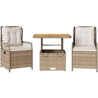 vidaXL Set Comedor De Jard&iacute;n 3 Pzas Con Cojines Rat&aacute;n Sint&eacute;tico Beige Vidaxl