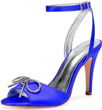 Generic Womens Heels Wedding Bridal Ankle Strap High Heels Heeled Open Toe Satin Prom Party Dress Stiletto Sandals 10.5Cm,Blue,4 UK