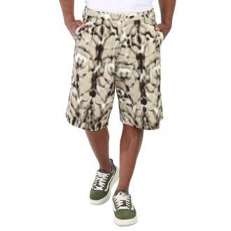 Roberto Cavalli Mens Natural / Off White Blurred Lynx Pleated Cotton Shorts, Brand Size 48 (Waist Size 32)