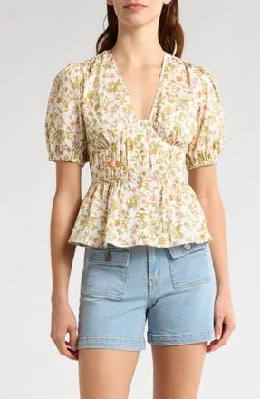 Derek Lam Maureen Floral V-Neck Cotton Peplum Top in Cream Multi at Nordstrom Rack, Size 16
