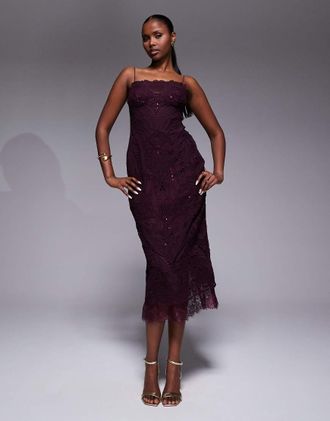 Asos Vestito midi ricamato in pizzo color porpora con paillettes e bordi smerlati-Rosso