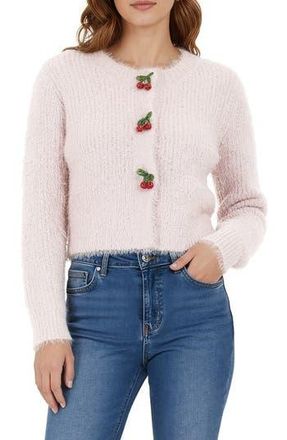 All in Favor Cherry Appliqu&eacute; Fuzzy Crop Cardigan in Pink at Nordstrom Rack, Size X-Small