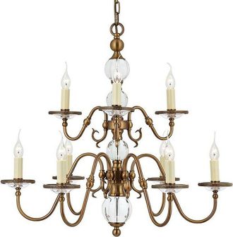 Loops Flemish Ceiling Pendant Chandelier Antique Brass & Crystal Curved 9 Lamp Light