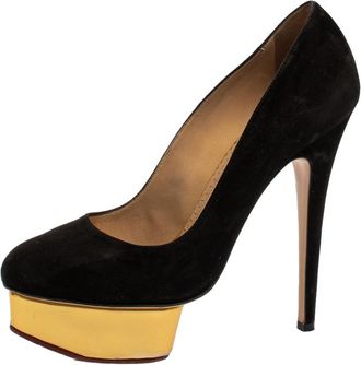 Charlotte Olympia Black Suede Dolly Platform Pumps
