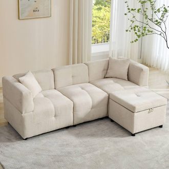 Merax 4-Seater Modular L-Shaped Sectional Sofa with Storage Ottoman in Beige