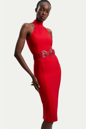 Karen Millen Bandage High Neck Buckle Trim Midi Dress in Red at Nordstrom, Size 10