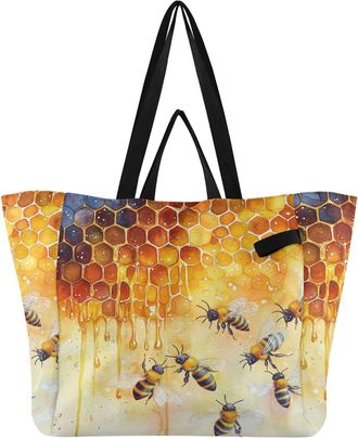Generic Bees Yellow pattern Reusable Canvas Tote Bag, Heavy Duty Grocery Shopping Bag with Double Handles Large Capacity Hard Bottom Work Groceries Travel