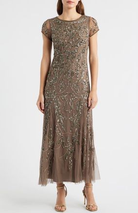 Pisarro Nights Beaded Mesh Midi Cocktail Dress in Mocha at Nordstrom, Size 14