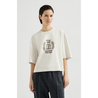 Brunello Cucinelli Cotton jersey t-shirt with embroidery in Butter at Nordstrom, Size Xx-Large