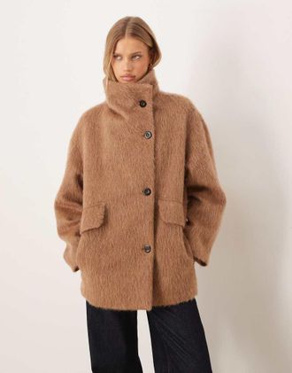 Mango Giacca oversize in misto lana marrone chiaro