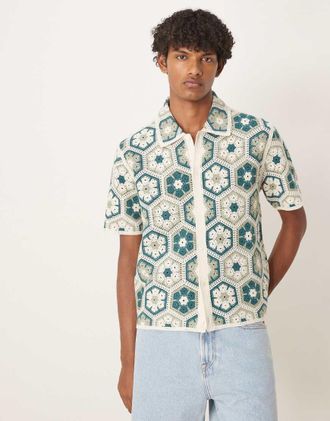 Abercrombie & Fitch short sleeve knit citrus print polo in green