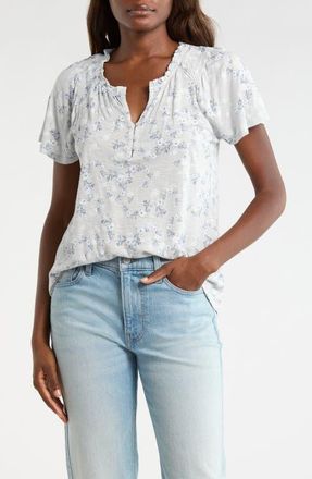 Lucky Brand Sandwash Flutter Sleeve Top in Blue Floral at Nordstrom, Size X-Large
