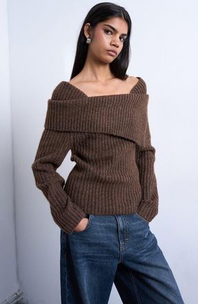 Topshop Ribbed Off the Shoulder Sweater in Brown at Nordstrom, Size Medium