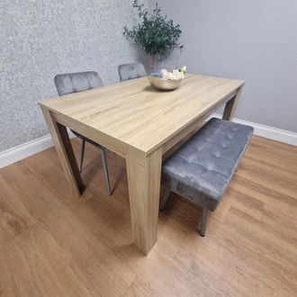 Kosy Koala Dining Table Set Oak Effect Table With 2 Grey Velvet Dining Chairs & 1 Grey Bench in Brown