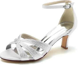 Generic Wedding Bridal Shoes Women Sandals Peep Satin Open Toe Low Heel Ankle Strap Dress Shoes Womens Pumps Party Heels 6.5Cm,White,5 UK