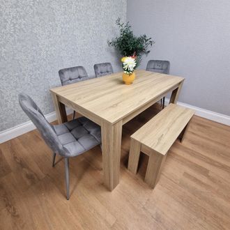 Kosy Koala Oak Effect Dining Table Set With 4 Grey Velvet Chairs & Bench Dining Room Furniture in Brown