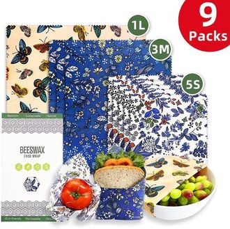 OEM Juego De 9 Pa&ntilde;os Cera Abeja Alimentos Tres Tama&ntilde;os S/m/l Estampado Mariposas Flores, Envase Reutilizable Sin Pl&aacute;stico Todo Tipo Alimentos Cocina