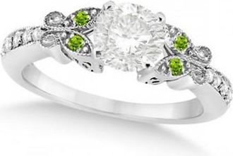Allurez Round Diamond & Peridot Butterfly Engagement Ring in 14k W Gold 1.50ct
