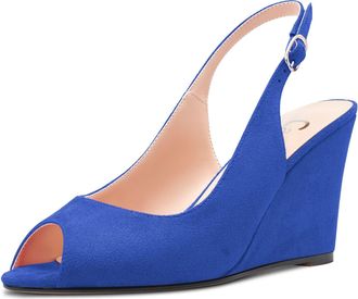 Castamere Women High Wedge Heel Peep Open Toe Sandals Slingback Slip-on Buckle Office Party Classic Shoes Blue A 9 UK