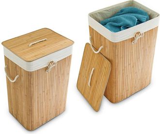 Relaxdays 2 Cestos Ropa Sucia Plegable, Cubo Colada Rectangular con Tapa, Bambú, 83L, 65,5 x 43,5 x 33,5 cm, Marrón Natural