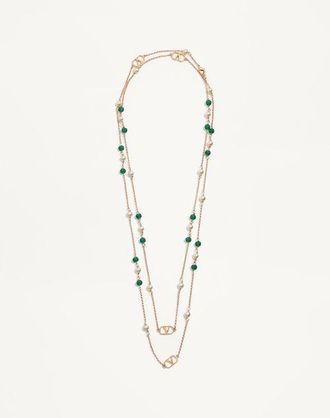 Valentino Garavani Vlogo Signature Long Necklace In Metal, Pearls And Knurled Glass Wo