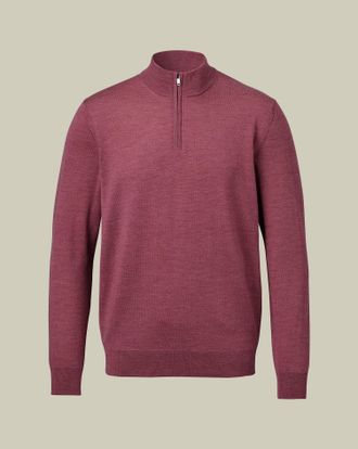 CHARLES TYRWHITT Pure Merino Zip Neck Wool Jumper - Dark Pink Size Large by Charles Tyrwhitt