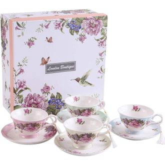 None London Boutique Set di 4 tazzine da caff&egrave; e piattino, in Porcellana, Stile Vintage, con Uccelli, Farfalle, Flora, Confezione Regalo (1 Set da 4)