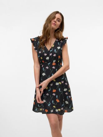 Vero Moda Maxikleid VERO MODA VMFLORA OLGA CS SHORT DRESS WVN GA, Damen, Gr. XS, N-Gr, schwarz aop:olga, Web, Obermaterial: 75% Viskose, 20% Polyester, 5% Leine