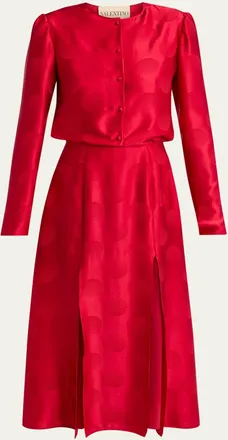 Valentino Garavani Polka-Dot Satin Long-Sleeve Slits Midi Dress