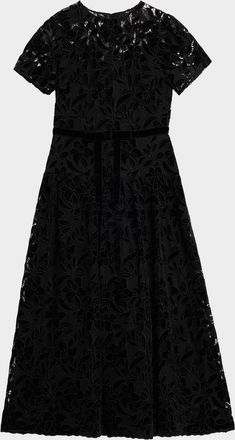 Shoshanna Farah Puff-Sleeve Velvet Lace Midi Dress
