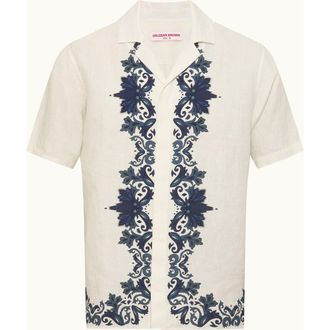 Orlebar Brown Maitan Linen Relaxed Fit Linen Mirabello Border Shirt in White/night Iris at Nordstrom, Size Xxx-Large