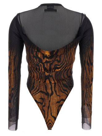Jean Paul Gaultier Wood-Print Stretch Tulle Bodysuit - Black