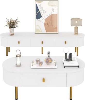 STILVORA Conjunto Mueble De Tv Y Mesa De Centro Con 4 Cajones, Bordes Redondeados, Para Sal&oacute;n Moderno, Mdf, Blanco