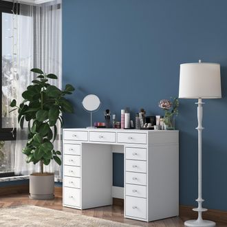 Dmora Toilette Tirol, Tocador Con Espejo Incluido, 13 Cajones, Estructura Transparente, 120x45x82h Cm Blanco