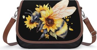 Generic Bee with Sunflowers Crossbody Bag Womens Handbag PU Message Bags Shoulder Purse with Adjustable Strap