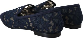 Dolce & Gabbana Womens Floral Lace Flat Navy Cotton Suede