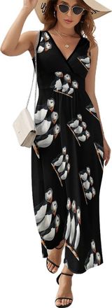 Generic Three Puffin Bird Womens Sleeveless Dress Casual V-Neck Maxi Dress Sundress 2XL